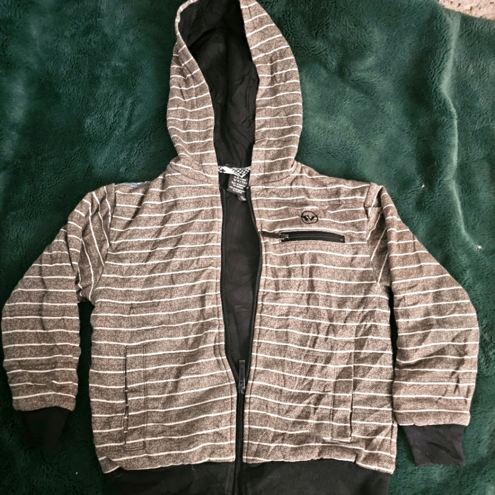Shaun white kids hooded gray white striped sweater jacket